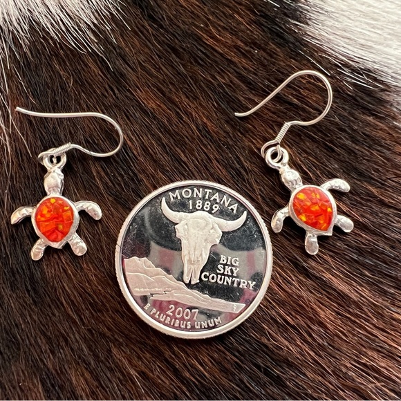 ❤️ Orange Opal Turtle TAXCO 950 Sterling Silver Earrings 1.11”L x .56”W - Picture 7 of 11